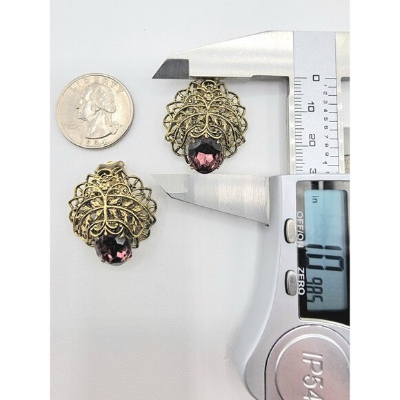 Gold Tone Filigree Purple Rhinestone Clip On Earrings - Picture 3 of 4